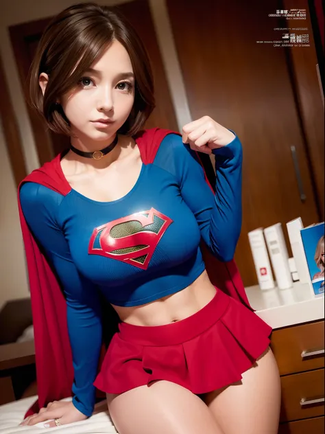 ​masterpiece,Supergirl Costume, short-hair, bare-legged, large full breasts,surgery room、Operating table、straddle、depraved、shiny、Looking at the camera、Provocation、estrus、Cowgirl、Trance、Fayue、enjoyment、The sheen、Red shortcloak、a choker、Weekly magazine cover...