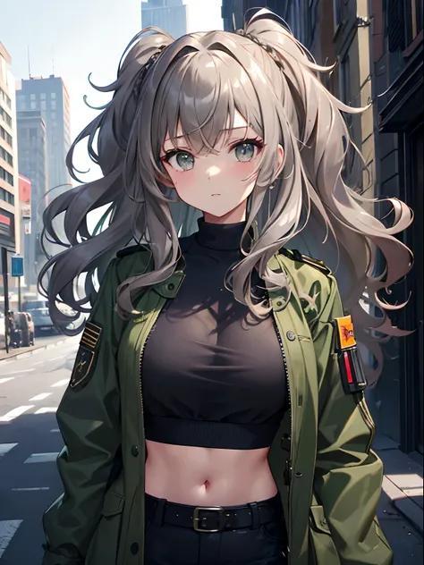 (masterpiece,best quality,ultra-detailed),1girl,Brown gray hair,curly hair, messy hairstyle, mane,dark green jacket,militar jacket,open jacket,black crop top,(grey theme),city in the background