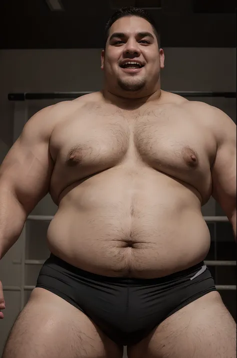 fat chubby man with a gray goatee huge eyebrows and huge fangs and huge upperbody wearing black tight wrestling trunks while sweaty and flexing