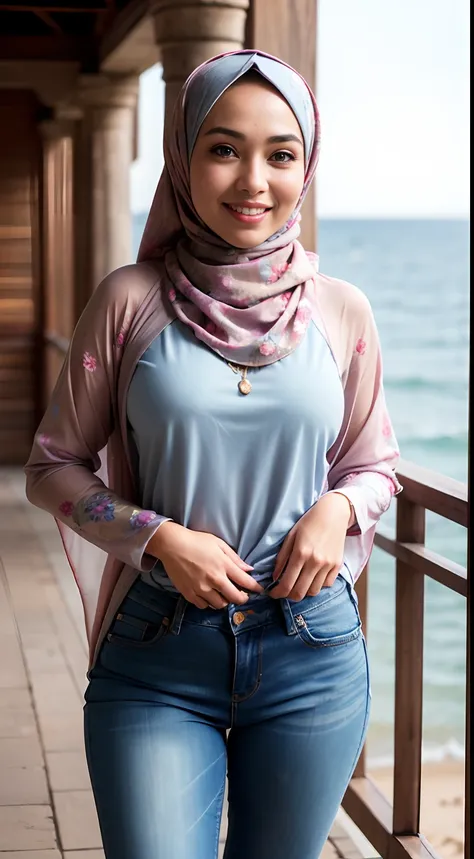 RAW, Best quality, high resolution, Masterpiece: 1.3), Beautiful Malay woman in hijab, Masterpiece, Perfect slim body, Beautiful big eyes, Watery eyes, Soft smile, Wet lips, big breasts, ((wearing a tight long kebaya with patterned pastel flowers covered h...