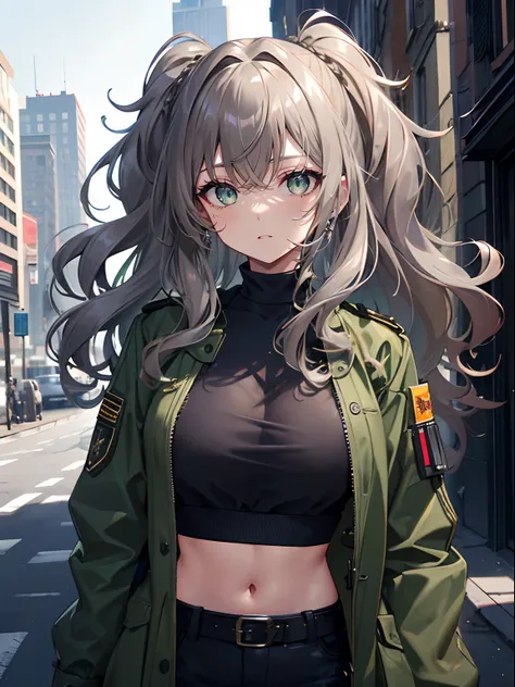 (masterpiece,best quality,ultra-detailed),1girl,Brown gray hair,curly hair, messy hairstyle, mane,dark green jacket,militar jacket,open jacket,black crop top,(grey theme),city in the background