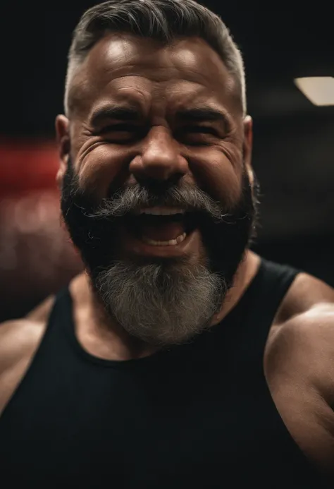 fat chubby bodybuilder man with a gray beard huge eyebrows and huge fangs and huge upperbody wearing black tight wrestling trunks while sweaty and flexing