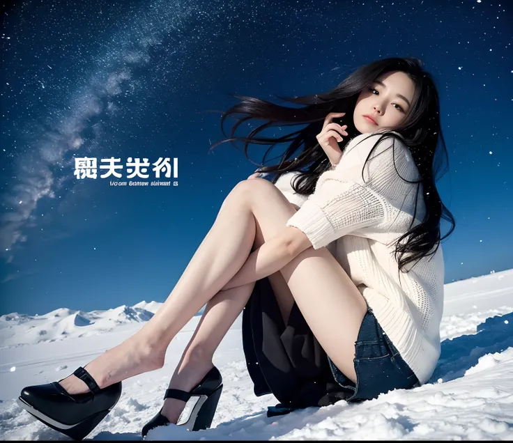 A Japanese Lady、beauitful face、二重まぶた、Big eyes、Long Black Hair、Micro shorts、beauty legs、Raw feet、pin heels、tall、super long legs、model poses、、Oyuki、snow cover、snow blowing、snowscape、heavy wind、Hair disheveled in the wind、－30°C、Snowy landscape at night