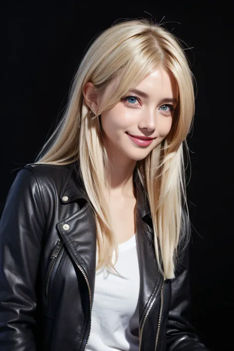 ((Cristia AOT, 1girl in, Solo, Krista Lenz, Smile, hair between eye, Blue eyes, Blonde hair, Jacket, Medium Hair, black backgrounds、