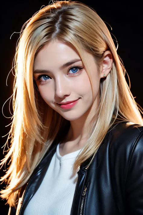 ((Cristia AOT, 1girl in, Solo, Krista Lenz, Smile, hair between eye, Blue eyes, Blonde hair, Jacket, Medium Hair, black backgrounds、