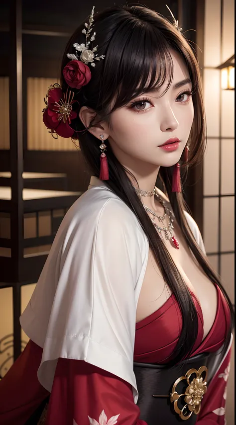 (hyper realstic)、Modern Oiran、(Female Ninja of the 21st Century)､Beautie　　high-level image quality　hight resolution　(Realistic)　Shorthair､Woman with dark hair、A MILF、Middle-aged woman、Big big、Detailed red-black 、detailed skin textures、超A high resolution、Re...