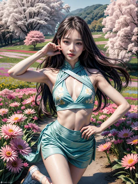 Beautiful girl practicing various dance poses in flower field, Infrared photography, Graphic design, poster for, fine art, vivd colour, 1.4x realism，hyper HD，Textured skin，(anatomy correct，Accurate and perfect Korean female face，Golden ratio)