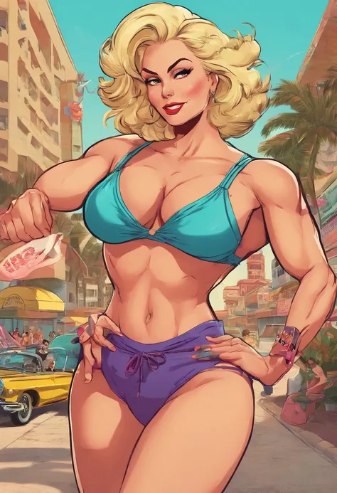 Generar ilustraciones , Glassmorphism, Obra maestra, Best Film, Estilo de la cultura pop, pulpa, QUEBRAR, a 30 years-old woman,rubia,norteamericana, (musculosa:1.1),(Female Bodybuilders:1.2),(Huge breasts that are about to burst:1.3),(Abdominales)、Altura 1...