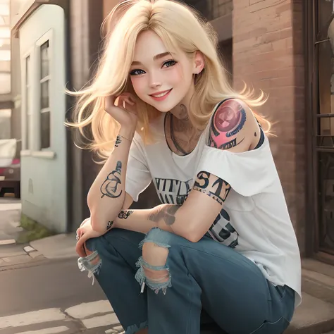 medium blonde layered hair, sweet smile, grunge outfit, cute, tattoos