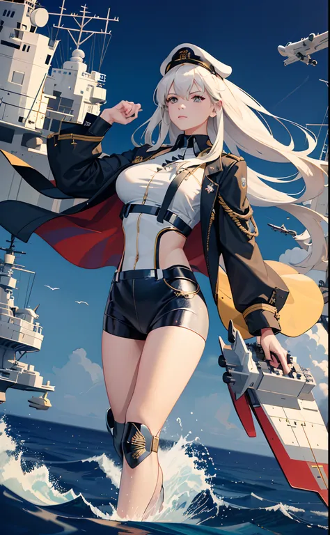 (best quality,4k,8k,highres,masterpiece:1.2),ultra-detailed,(realistic,photorealistic,photo-realistic:1.37),Enterprisewearing overhang coat,standing on flight deck,CVN-68 (USS Enterprise),F-14 Tomcats flying in distance,naval aircraft carrier,stormy weathe...