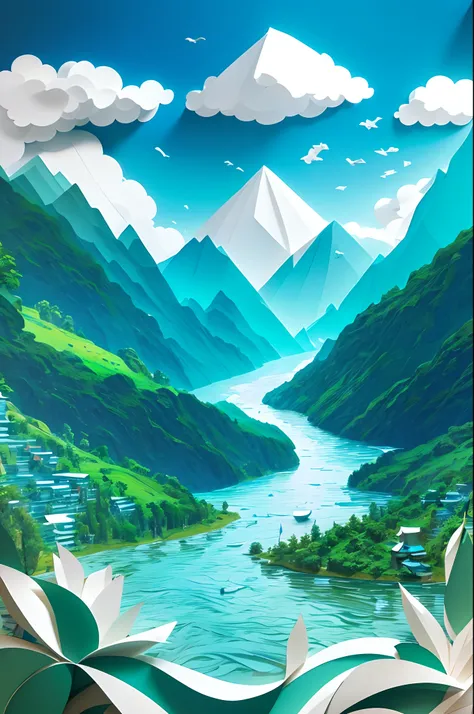 paper art，with blue sky and white clouds，Green Mountains and Green Water，terraced