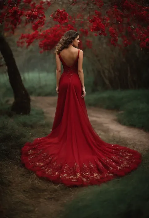 Uma linda cigana vestindo um lindo vestido vermelho. Toda adornada de ouro. The atmosphere is gloomy like a graveyard