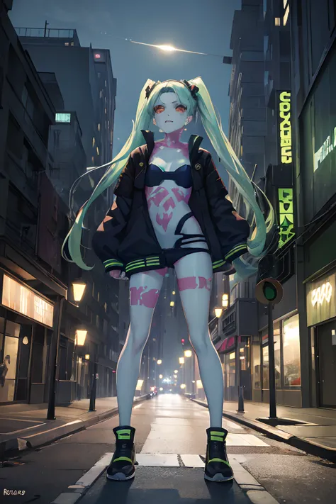 Rebecca, 1girl, green hair, white skin, twintails, colored sclera, red sclera, bra, panties, black jacket, artificial eye, black sneakers, perfect anatomy, solo, zombie, multiple boys, crowd, glowing eyes, undead, horror (theme), masterpiece, best quality,...