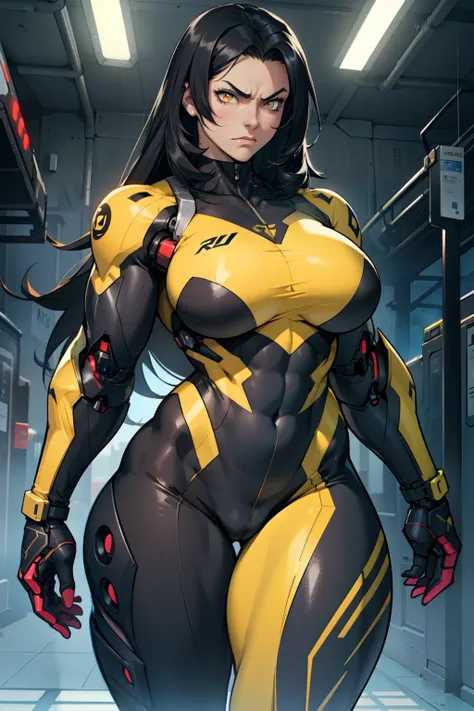 1girl muscular toned body bodybuilder curvy wide hips thick thighs huge tits black hair yellow eyes very long hair pale skin angry curvy (cybernetic suit)