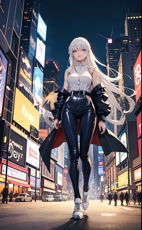 Enterprise, casual clothes, walking, New York Times Square, detailed eyes, detailed lips, elegant appearance, confident expression, long silver hair flowing, clear blue eyes gazing ahead, trendy outfit, loose white shirt, black leather jacket, ripped jeans...