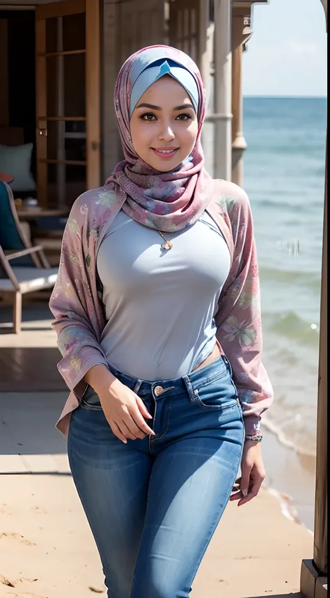 RAW, Best quality, high resolution, Masterpiece: 1.3), Beautiful Malay woman in hijab, Masterpiece, Perfect slim body, Beautiful big eyes, Watery eyes, Soft smile, Wet lips, big breasts,wearing jacked, ((wearing a tight long kebaya with patterned pastel fl...