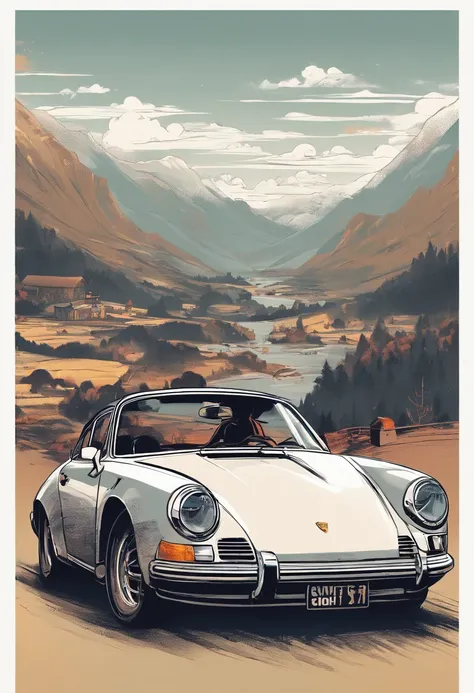 T-shirt design, genshin impact graphic, vector, a Porsche Cyenne with a scenic landscape in the background, detailed illustration, and retro style