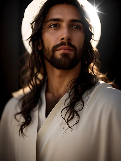 add_detail:1, realistic image of jesus christ, add_detail:light and distant light from heaven above the head