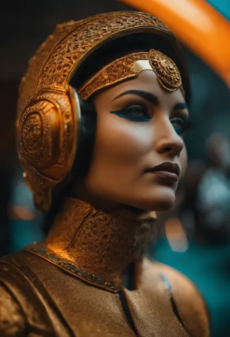 A female papier mâché head has earcups, no estilo da arte digital futurista, folhagem altamente detalhada, Tokina AT-X 11-16mm F/2.8 pro dx ii, teal and orange, Sony Alfa a7 III, feito de vidro, Reflexos luminosos, Light refraction