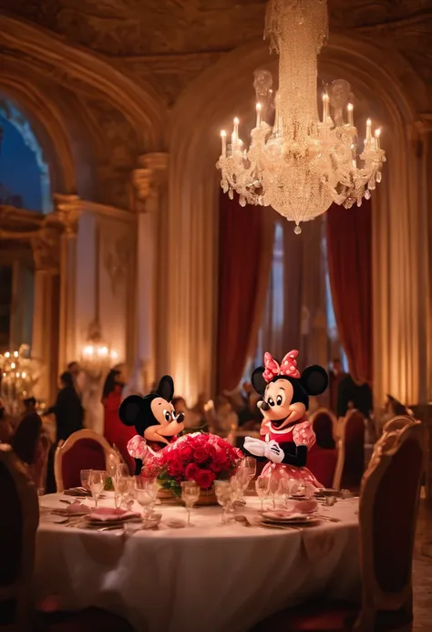 Por favor, create an enchanting scene with Mickey Mouse and Minnie Mouse at a lavish dinner party inside an epic palace. The room is illuminated by a pink crystal chandelier providing an elegant and romantic atmosphere at dusk, The scene is depicted in an ...