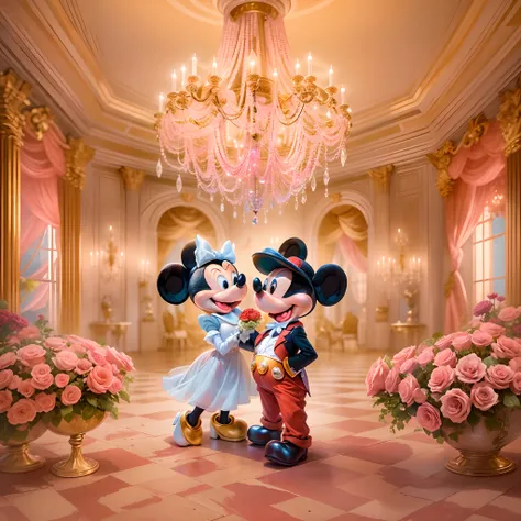 Por favor, create an enchanting scene with Mickey Mouse and Minnie Mouse at a lavish dinner party inside an epic palace. The room is illuminated by a pink crystal chandelier providing an elegant and romantic atmosphere at dusk, The scene is depicted in an ...