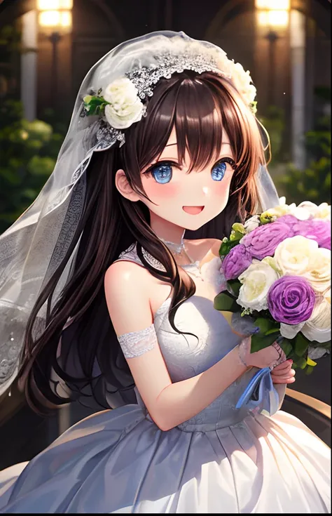 girl with、No background、without background、Background through、black-brown hair、Aimei、Blue eyes、plait、Bouquet of flowers、florals、Have a bouquet、wedding dress、bride、Bride appearance、White Prom Dresses、florals、A smile、kawaii、