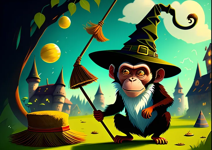 Monkey with a witch hat on a flying broom