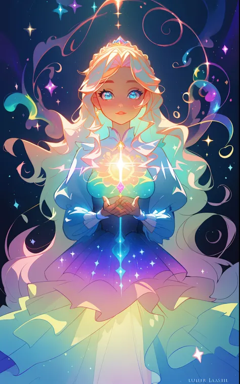 beautiful girl, puffy tiered rainbow ballgown, princess, intricate dress design, (colorful), long wavy hair, magical lights, sparkling magical liquid, inspired by Glen Keane, inspired by Lois van Baarle, disney art style, by Lois van Baarle, glowing aura a...