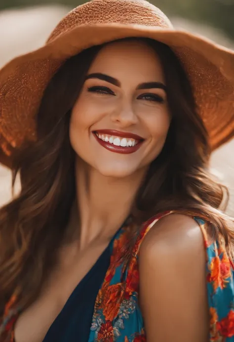 Beautiful woman smiling in clothes with open chest