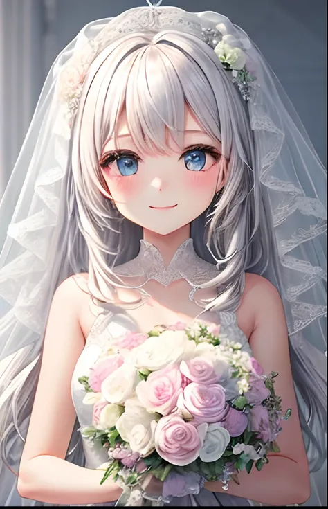 girl with、No background、without background、Background through、White hair、white  hair、Aimei、Blue eyes、plait、Bouquet of flowers、florals、Have a bouquet、wedding dress、bride、The appearance of the bride、White Prom Dresses、florals、A smile、kawaii、