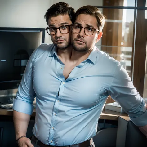 (((2heads))), chubby man,32 years old, schoolteacher, blonde,  brown hair, blonde, thick rimmed glasses, office setting background, armpitsshowing, angry expression, rosy cheeks, pants ripping