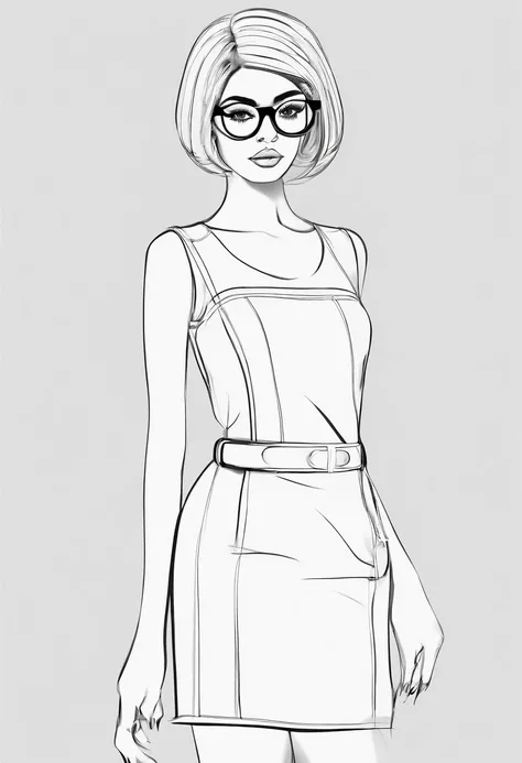 1girl, Loli girl, solo, mini dress, (bobcut, glasses), (big eyes, cute face), flat chest, small breast, garter belt