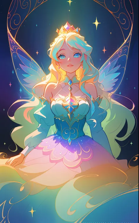 beautiful girl, puffy tiered rainbow ballgown, princess, intricate dress design, (colorful), long wavy hair, magical lights, sparkling magical liquid, inspired by Glen Keane, inspired by Lois van Baarle, disney art style, by Lois van Baarle, glowing aura a...