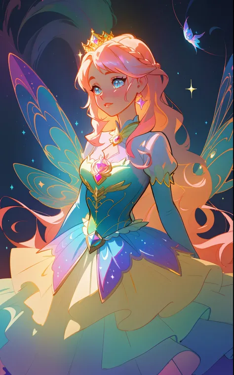 beautiful girl, puffy tiered rainbow ballgown, princess, intricate dress design, (colorful), long wavy hair, magical lights, sparkling magical liquid, inspired by Glen Keane, inspired by Lois van Baarle, disney art style, by Lois van Baarle, glowing aura a...