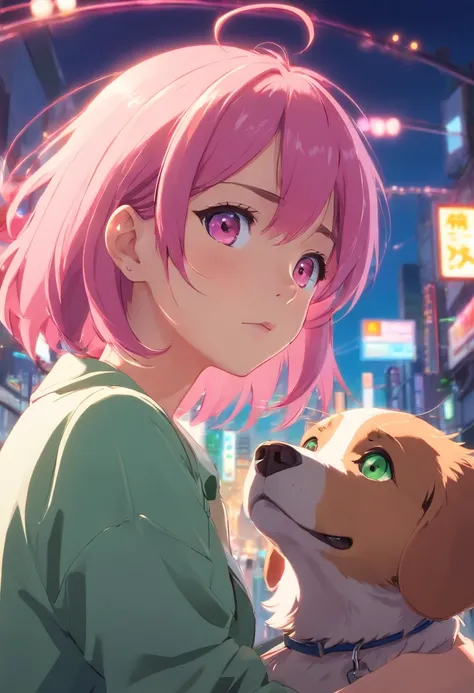 masterpiece, best quality, movie still, 1girl, pink hair, green eyes, dog-like ears