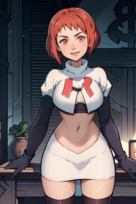 leonie pinelli, short hair, team rocket uniform, red letter R, white skirt,white crop top,black thigh-highs,black elbow gloves, confident smile