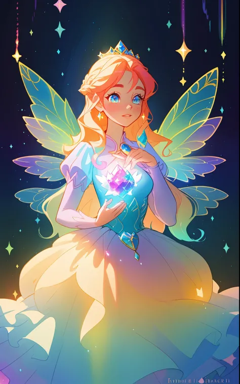 beautiful girl, puffy tiered rainbow ballgown, princess, intricate dress design, (colorful), long wavy hair, magical lights, sparkling magical liquid, inspired by Glen Keane, inspired by Lois van Baarle, disney art style, by Lois van Baarle, glowing aura a...