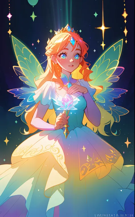 beautiful girl, puffy tiered rainbow ballgown, princess, intricate dress design, (colorful), long wavy hair, magical lights, sparkling magical liquid, inspired by Glen Keane, inspired by Lois van Baarle, disney art style, by Lois van Baarle, glowing aura a...