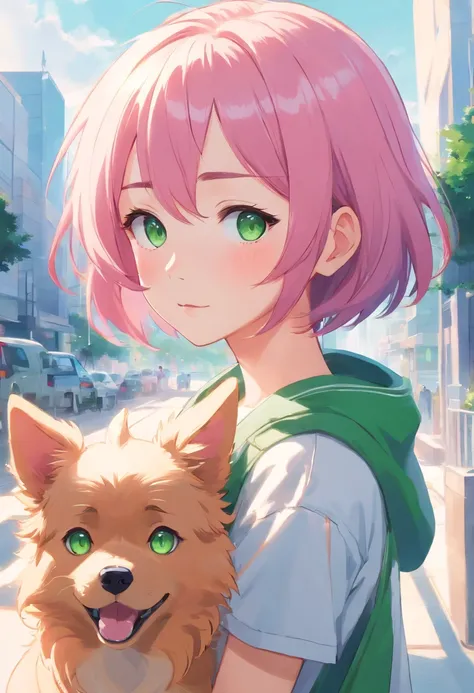 masterpiece, best quality, 1girl, blank white background, pink hair, green eyes, dog-like ears, no dog, no pet, anime art style, cute