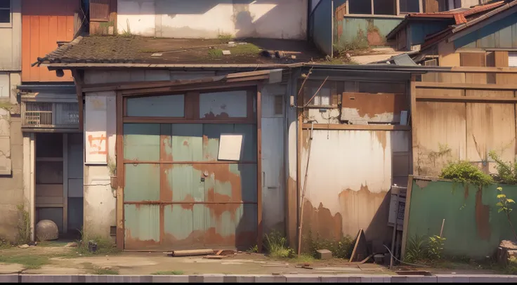 Makoto, old, Abandoned house on the street, concrete、rust、Anime style.