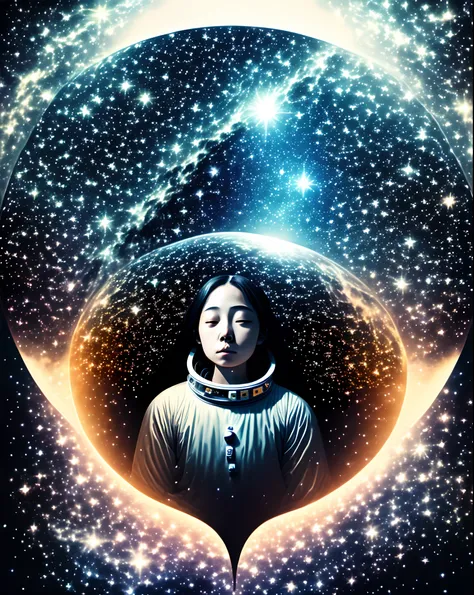 Create an image of a person floating in the vastness of space, surrounded by stars, to emphasize the silence of space