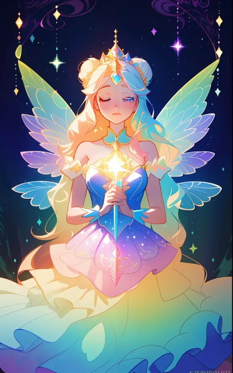 beautiful girl, puffy tiered rainbow ballgown, princess, intricate dress design, (colorful), long wavy hair, magical lights, sparkling magical liquid, inspired by Glen Keane, inspired by Lois van Baarle, disney art style, by Lois van Baarle, glowing aura a...