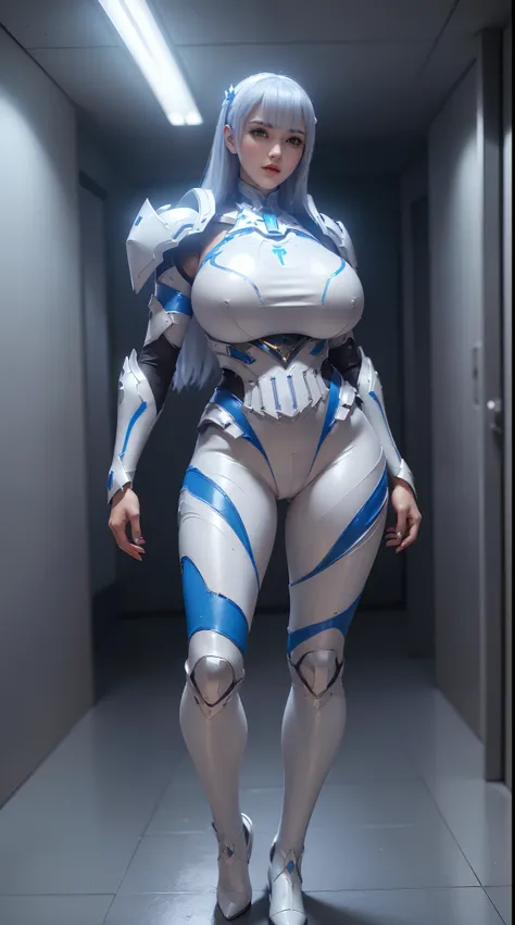 (1GIRL,SOLO:2), (super detailed face), ((BIG BUTTOCKS, HUGE FAKE BREASTS:1.5)), (CLEAVAGE TOP:1.5), (11 LINE ABS FEMALE:1.4), (MECHA GUARD ARM:1.4), ((WEAR WHITE BLUE MECHA OVERWATCH ARMOR SUIT CROP TOP, BLACK MECHA SKINTIGHT SUIT PANTS, MECHA GUARD ARMOR ...