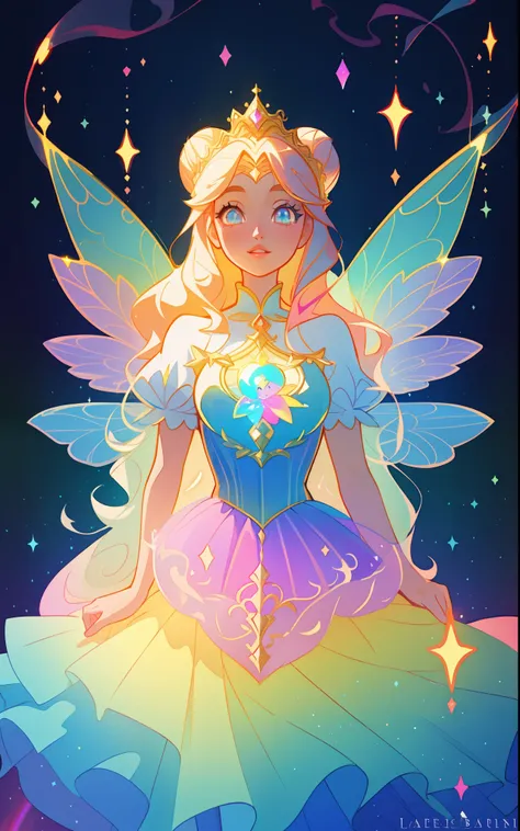 beautiful girl, puffy tiered rainbow ballgown, princess, intricate dress design, (colorful), long wavy hair, magical lights, sparkling magical liquid, inspired by Glen Keane, inspired by Lois van Baarle, disney art style, by Lois van Baarle, glowing aura a...