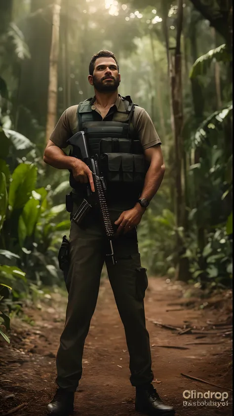 Man in a jungle with a gun in his hand, soldado masculino na floresta, em um ambiente de selva, Ranger masculino robusto em batalha, na selva, em uma selva, Ainda do filme Predador, na selva, man is carrying a rifle, na floresta da selva, Retrato de corpo ...