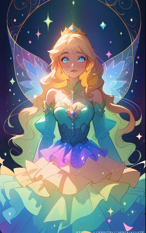 beautiful girl, puffy tiered rainbow ballgown, princess, intricate dress design, (colorful), long wavy hair, magical lights, sparkling magical liquid, inspired by Glen Keane, inspired by Lois van Baarle, disney art style, by Lois van Baarle, glowing aura a...