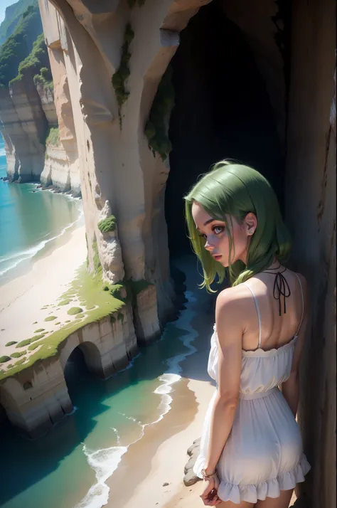 A girl with her back to you, Shes at the entrance of a cave, If you see the beach, garota de cabelo vermelho, praia, caverna, vestido verde, garota de vestido verde