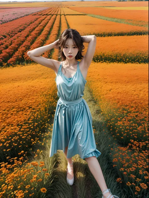 (Beautiful girl practicing various dance poses in a flower field: 1.2), Infrared photography, Graphic design, poster for, fine art, vivd colour, 1.4x realism，hyper HD，Textured skin，(anatomy correct，Accurate and perfect Korean female face，Golden ratio), tia...