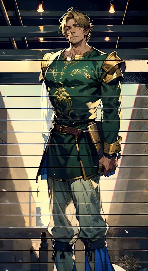 A middle-aged man with short golden hair, tousled hair, a large X-shaped scar on his face, has gentle eyes, a calm expression, a fantasy-style coat with leaf-shaped chest armor, the color scheme is mainly grass green, with earthy yellow as secondary colors...