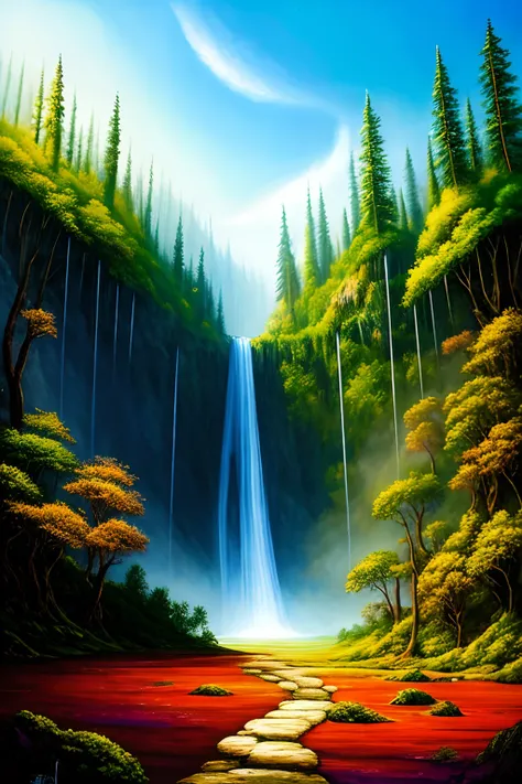 A mystical and epic landscape, Pintura renacentista, Featuring a fantastical and surreal world of floating islands, Giant trees, cascada infinita, that transport the viewer to a world of imagination and wonder, Artstation, Arte digital, intrincado, tendenc...